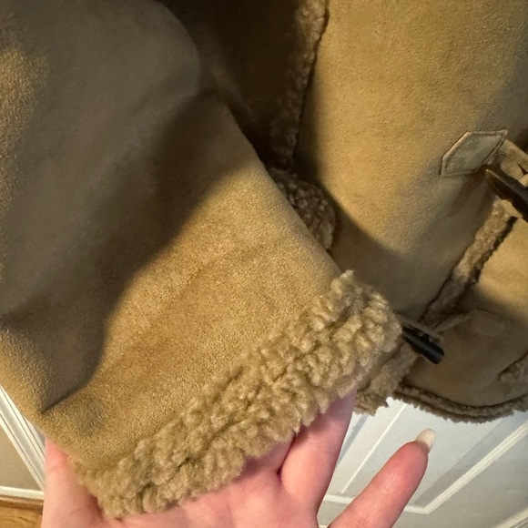 LL Bean Suede Sherpa Lined Hooded Toggle Coat VTG Boho Rancher Penny Lane Indie - Picture 8 of 15